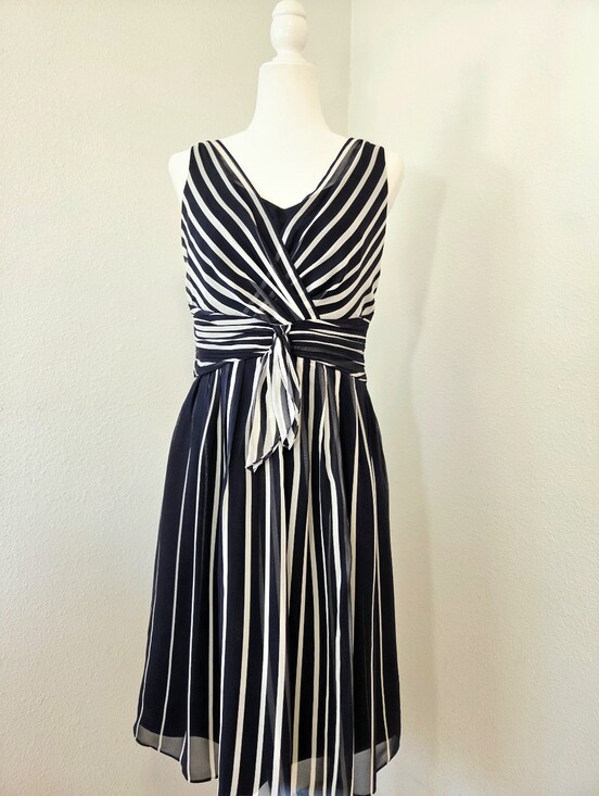 Ann Taylor Dresses & Skirts - Ann Taylor 100% Silk Navy and White Striped V-Neck Dress Women's 6 NWT
